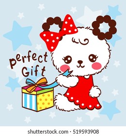 Cute Bear cartoon and gift on star background