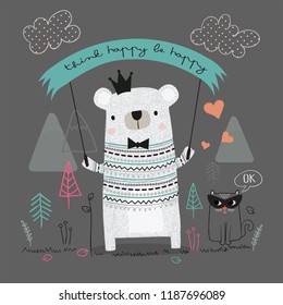 Cute bear cartoon hand drawn vector illustration. Can be used for t-shirt print, kids wear fashion design, baby shower invitation card.Think happy be happy slogan.