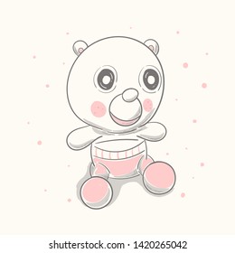 Cute bear cartoon hand drawn vector illustration. Can be used for t-shirt print, kids wear fashion design, baby shower invitation card.