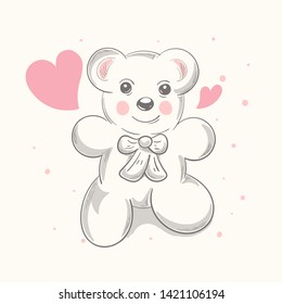 Cute bear cartoon hand drawn vector illustration. Can be used for t-shirt print, kids wear fashion design, baby shower invitation card.