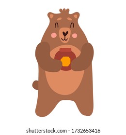 Cute bear cartoon hand drawn vector illustration in flat style with a jar of honey. Can be used for printing on t-shirts, children s clothing, children s invitation cards. Good brown grizzly, wild