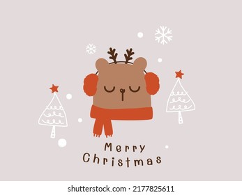 Cute bear cartoon, hand drawn Christmas tree and snowflakes on grey background vector illustration.   