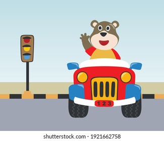 Cute bear cartoon having fun driving a off road car on sunny day. Vector childish background for fabric textile, nursery wallpaper, card, poster and other decoration. Vector illustration.