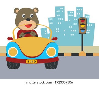 Cute bear cartoon having fun driving a city car on sunny day. Vector childish background for fabric textile, nursery wallpaper, card, poster and other decoration. Vector illustration.