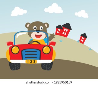 Cute bear cartoon having fun driving a city car on sunny day. Vector childish background for fabric textile, nursery wallpaper, card, poster and other decoration. Vector illustration.