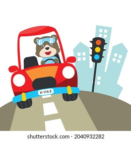 Cute bear cartoon having fun driving a city car on sunny day. Vector childish background for fabric textile, nursery wallpaper, card, poster and other decoration. Vector illustration.