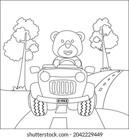 Cute bear cartoon having fun driving off road car on sunny day. Cartoon isolated vector illustration, Creative vector Childish design for kids activity colouring book or page.