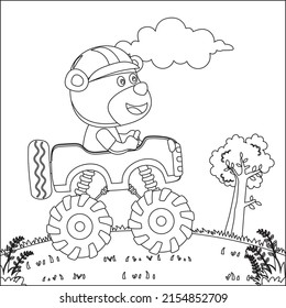 Cute bear cartoon having fun driving off road car on sunny day. Cartoon isolated vector illustration, Creative vector Childish design for kids activity colouring book or page.