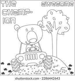 Cute bear cartoon having fun driving off road car on sunny day. Cartoon isolated vector illustration, Creative vector Childish design for kids activity colouring book or page.