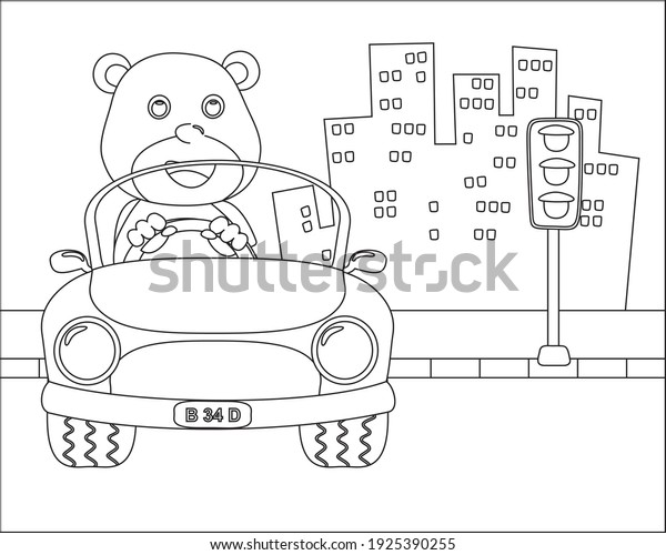 Cute bear cartoon\
having fun driving a city car on sunny day. Cartoon isolated vector\
illustration, Creative vector Childish design for kids activity\
colouring book or page.