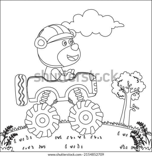 Cute bear cartoon\
having fun driving off road car on sunny day. Cartoon isolated\
vector illustration, Creative vector Childish design for kids\
activity colouring book or\
page.