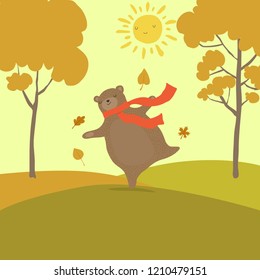Cute bear cartoon for hello autumn concept design. The last sunny day berfore rain.