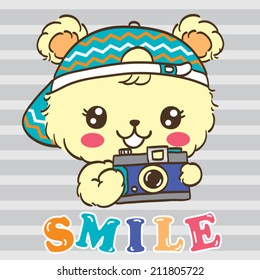 Cute Bear cartoon holding a camera on gray background