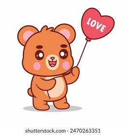 Cute Bear Cartoon Holding a Heart Balloon Vector Illustration. Animals,Holidays.