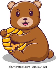 Cute bear cartoon holding a honey bee hive, vector cartoon illustration