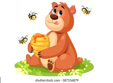 Cute bear cartoon holding a honey bee hive