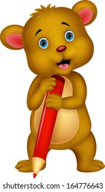 Cute bear cartoon holding red pencil