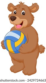 Cute Bear Cartoon Holding Volleyball Vector Illustration. Animal Nature Icon Concept Isolated Premium Vector
