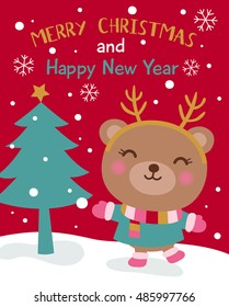 Cute bear cartoon illustration for merry christmas and happy new year card
