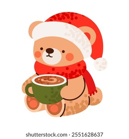 Cute bear cartoon illustration, wearing a Santa hat and scarf, holding a mug of hot cocoa, Christmas illustration vector