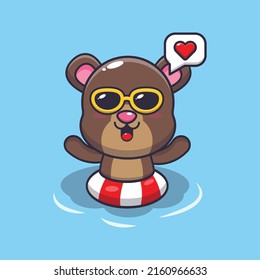 Cute bear cartoon mascot character swimming on pool