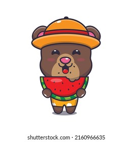 Cute bear cartoon mascot character eat fresh watermelon