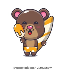 Cute bear cartoon mascot character with surfboard holding ice