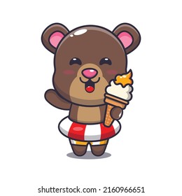 Cute bear cartoon mascot character with ice cream on beach