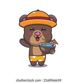 Cute bear cartoon mascot character drink fresh coconut