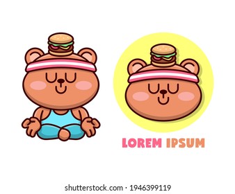 CUTE BEAR CARTOON MASCOT DOING YOGA POSITION WITH A BURGER ON HIS HEAD.