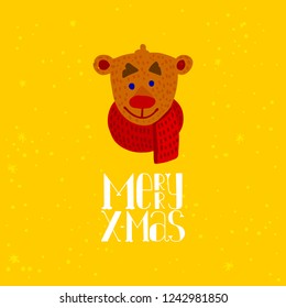 Cute Bear cartoon for Merry Christmas greeting card, Vector illustration