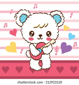  Cute Bear cartoon play guitar on pink striped background