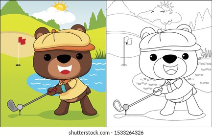 Cute bear cartoon playing golf, coloring book or page