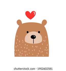 Cute bear cartoon with red heart icon isolated on white background vector illustration.