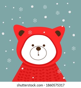Cute bear cartoon with red hooded sweatshirt and falling snowflakes in winter season background vector illustration. 