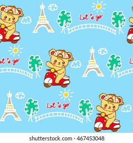 Cute bear cartoon with red scooter  seamless pattern