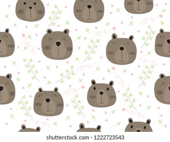 Cute bear cartoon seamless pattern animal with leaf on white color background.vector,illustration.