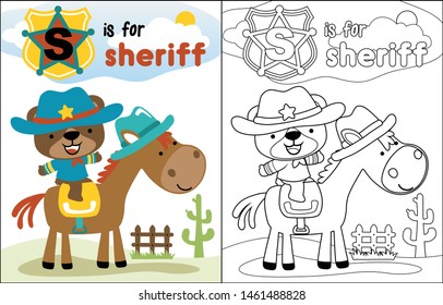 Cute bear cartoon in sheriff costume riding horse, coloring book or page