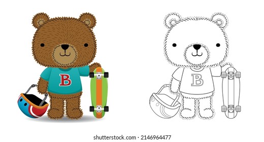 Cute bear cartoon with skateboard and helmet