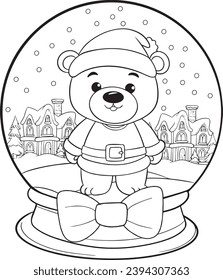 Cute Bear Cartoon. Snow Town. Christmas glass sphere. Coloring Page for adults and kids. Hand drawn.