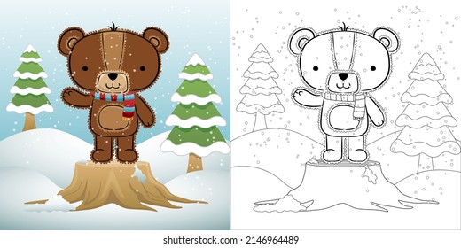 Cute bear cartoon standing on tree stump at winter