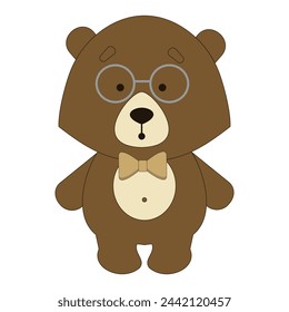 Cute bear in cartoon style, with glasses and butterfly, symmetry, vector