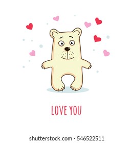 Cute bear in a cartoon style and text love you. Vector illustration suitable for greeting cards, prints, stickers.
