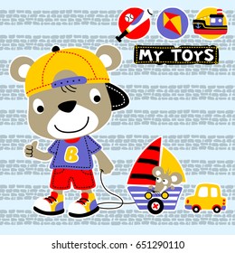 Cute bear cartoon with it toys, little mouse on sailboat toy, vector cartoon illustration