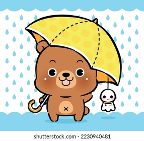 Cute Bear Cartoon with an Umbrella for a Walk in Rain. Teru Teru Bozu, Japanese rain doll.