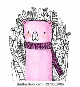 Cute bear cartoon watercolor hand painted for art book, postcard design and story book cover for children.