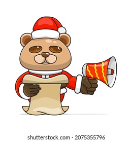 cute bear cartoon, wearing santa costume holding megaphone and reading script, cute animal character wearing christmas costume, front view. kawaii and simple style, suitable for christmas content