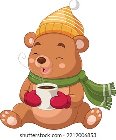 Cute bear cartoon wearing scarf and hat with hot coffee
