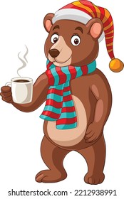 Cute bear cartoon wearing scarf and hat holding hot coffee