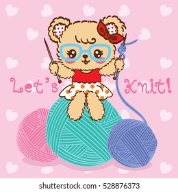 Cute bear cartoon and wool balls on pink background